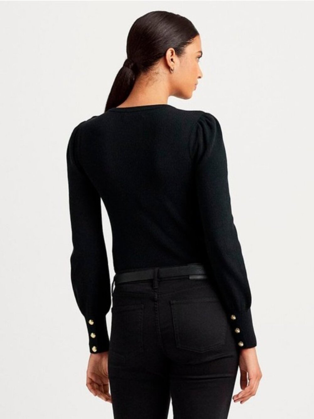 Lauren Ralph Lauren Crewneck Puff-Sleeve Black Sweater Petite Size Small New - Picture 2 of 5